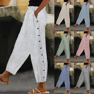 Pantalones Tobilleros de Rayas de Talle Alto para Mujer Pantalones Casuales de Algodón con Detalles de Botones Laterales