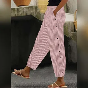 Pantalones informales de rayas rosas para mujer de talle alto con botones laterales