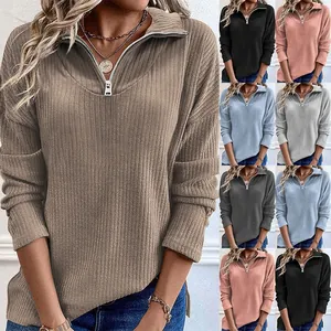 Suéter de Poliéster Casual para Mujer con Media Cremallera Manga Larga de Punto Acanalado Moda de Otoño Invierno Top de Punto Liso