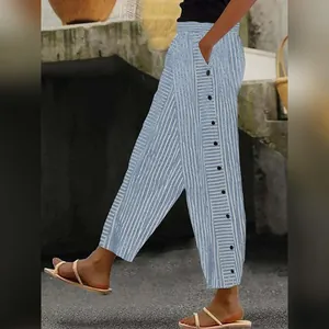 Pantalones casuales para mujer con rayas azules y blancas de cintura alta y pitillo