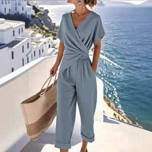 Ensemble Haut Et Pantalon Femme Été Décontracté Couleur Unie Irrégulier Manches Courtes Col En V Élégant Polyester
