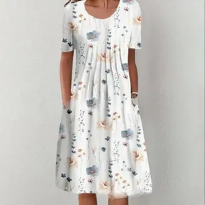 Elegant summer floral print midi dress with round neck and side pockets in white color