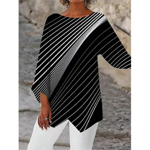 Chemisier femme à manches longues avec imprimé géométrique à rayures diagonales noir et blanc.