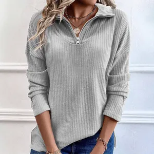 Jersey de punto acanalado para mujer con cremallera, gris claro, jersey de manga larga