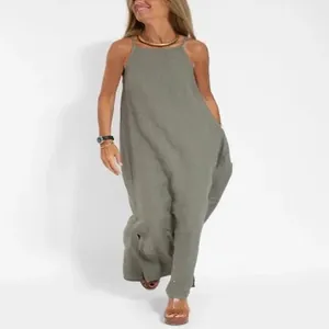 Robe longue d'été décontractée en coton et lin vert olive avec fente latérale