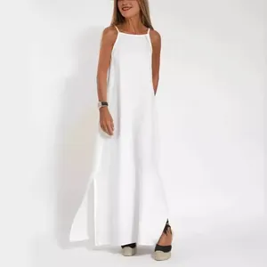 Robe Longue Femme Vintage en Coton et Lin Sans Manches à Bretelles Spaghetti Fente Latérale Décontracté Robe Rétro Plage