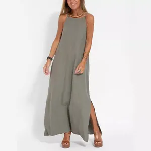 Robe longue élégante en coton et lin kaki avec fente latérale