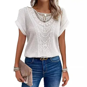White lace crochet hollow-out short sleeve t-shirt for women summer casual fashion tops
