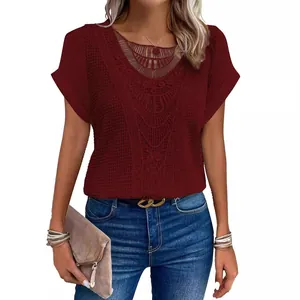 Burgundy short-sleeve T-shirt for women featuring elegant crochet lace patchwork detail
