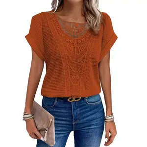 Women's burnt orange short sleeve T-shirt featuring intricate lace splicing and knit texture