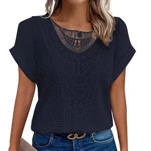 Elegant women's navy blue short sleeve t-shirt featuring intricate lace crochet detailing