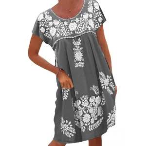 Bohemian grey short sleeve dress featuring intricate white floral embroidery for women