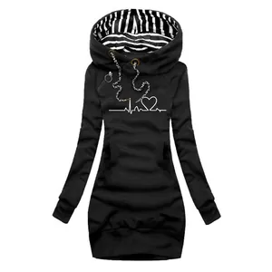 Women's Slim Fit Mid-Length Hoodie Dress Heart Printed Striped Lining Hooded Sweatshirt With Pockets Casual Long Sleeve Top