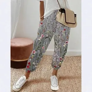 Bequeme Damen-Baumwoll-Leinenhose mit buntem Blumendruck, Taschen und lockerer Passform