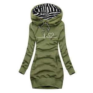Slim fit olive green hooded sweatshirt dress with white heartbeat graphic print.