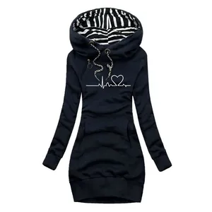 Slim-fit navy longline hoodie dress with heartbeat heart print and striped hood.