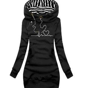 Slim fit black longline hoodie dress with heartbeat print and striped hood lining