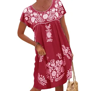 Ethnic style red dress with white floral embroidery and round neck design