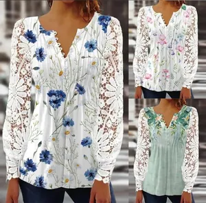 Elegante blusa de manga larga para mujer con encaje blanco y estampado floral