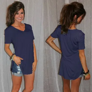 Detailed front and back view of a purple V-neck T-shirt with high-low hem and side slits