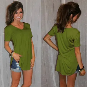 Front and back view of a casual green V-neck short sleeve T-shirt with side slits.