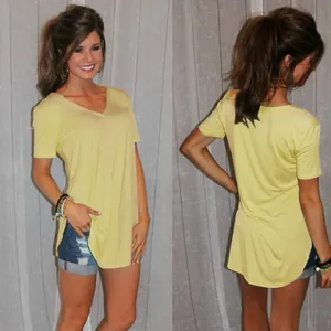 Front and back view of a loose yellow V-neck short-sleeved T-shirt with side slits.