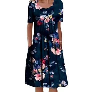Plus size floral print short sleeve dress with round neck and pockets in dark blue