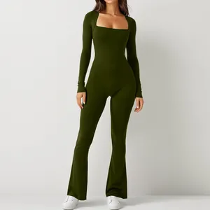 Front view of woman's olive green long sleeve flared jumpsuit with square neck design