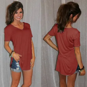 Detailed view of a women's V-neck short sleeve T-shirt in terracotta, front and back view.