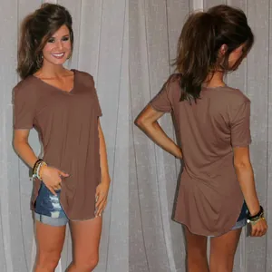 Brown casual women's V-neck short sleeve T-shirt showing front and back views fit