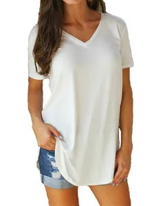 Close-up detail of a white loose-fitting V-neck short-sleeved T-shirt for women