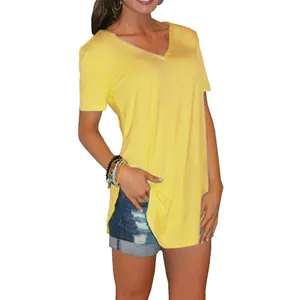Women's yellow V-neck short sleeve T-shirt with side slits and casual fit