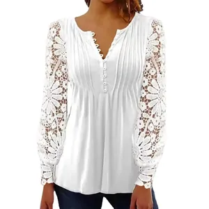 Elegant white V-neck blouse with long floral lace sleeves and pleated front detail