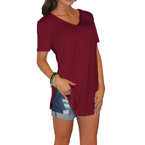 Comfortable burgundy V-neck short sleeve T-shirt for women with casual side slit
