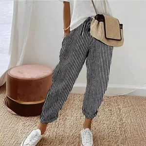 Losse gestreepte vrijetijdsbroek voor dames met elastische taille voor zomer