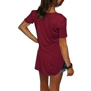 Back view of womens burgundy short sleeve V-neck t-shirt with asymmetric curved hem