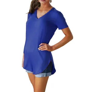 Women's royal blue V-neck short-sleeve T-shirt with side slit detail