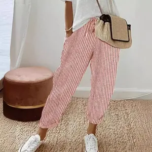 Roze en wit gestreepte losse vrijetijdsbroek voor dames met hoge elastische taille