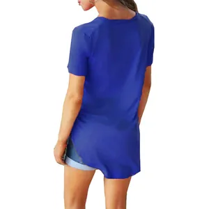 Back view of women's blue V-neck T-shirt with asymmetrical high-low hem design