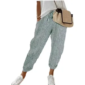 Gestreepte losse casual damesbroek met elastische taille en handig verstelbaar koord
