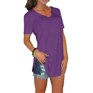 Casual purple V-neck short sleeve T-shirt for women featuring trendy side slit detail
