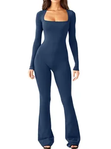 Slim fit navy blue long sleeve square neck jumpsuit with flared legs and high stretch for women.