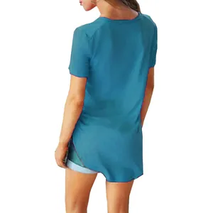 Casual teal short sleeve T-shirt for women featuring a stylish curved long back hem