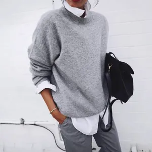 Autumn winter grey oversized knit pullover sweater with white shirt layering look