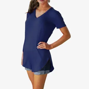Plus size navy blue V-neck short sleeve T-shirt for women with side slit and curved hem