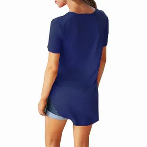 Back view of a plus-size women's dark blue V-neck T-shirt with high-low asymmetric hem