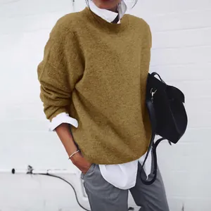 Casual women's khaki oversized knit long sleeve pullover sweater for autumn fashion style
