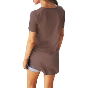 Back view of brown V-neck short sleeve T-shirt with curved high-low hem for women.