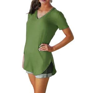 Close-up detail of women's olive green V-neck short sleeve T-shirt with side slits