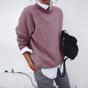 Casual mauve knitted long sleeve pullover sweater for women with relaxed fit